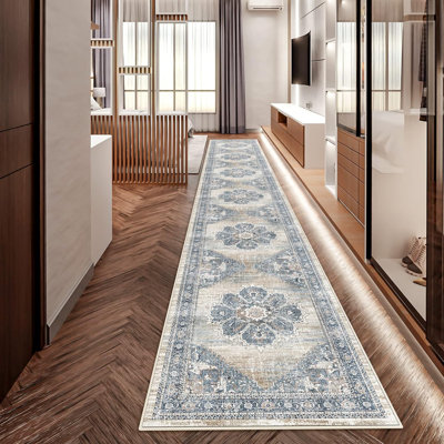 Area Rugs Washable Non-Slip Boho Rug Stain Resistant Rugs for Living Room Dining Room Bedroom Low-Pile and Ultra Soft Area Rug (Blue)