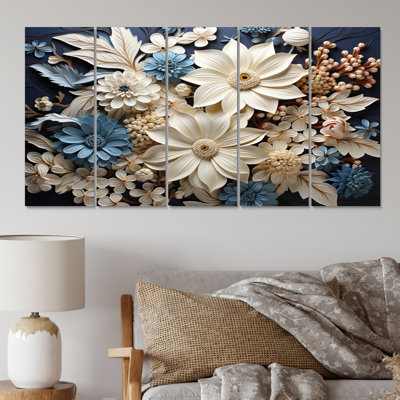 «White Wildflowers Natures», reproduction d'art sur toile - 5 panneaux égaux