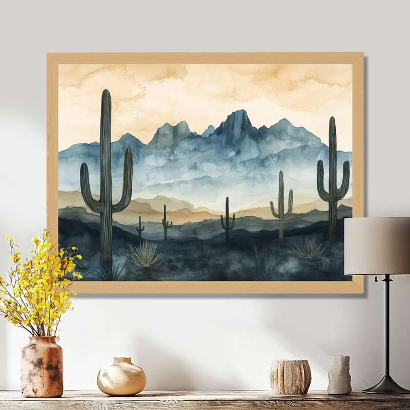 Silhouette de l'horizon désertique vert beige II - Tableau encadré Cactus, H 34 po x l 44 po, Cadre naturel