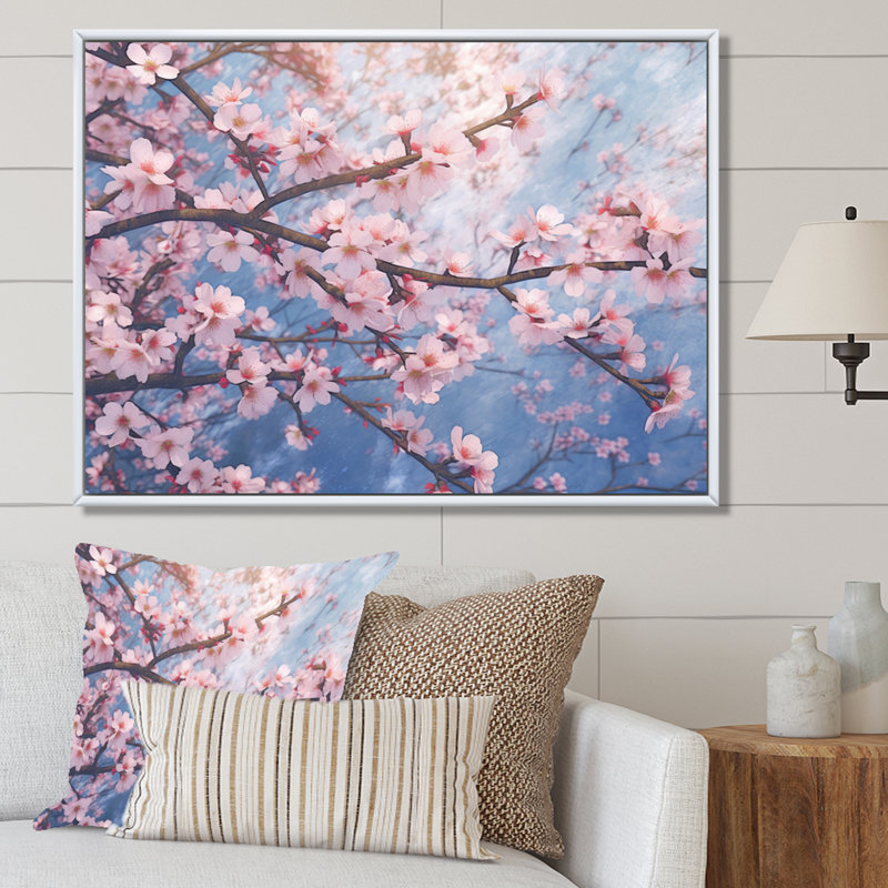 Fleurs de cerisier roses minimalistes V sur toile, Cadre flottant blanc, H 12 po x l 20 po x P 1 po