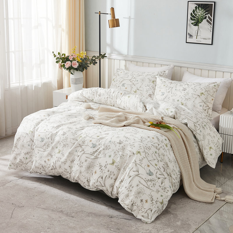 Housse de couette 100% coton Nayoroom SJT-JX, Housse de couette pour très grand lit et 2 taies , Motif floral blanc