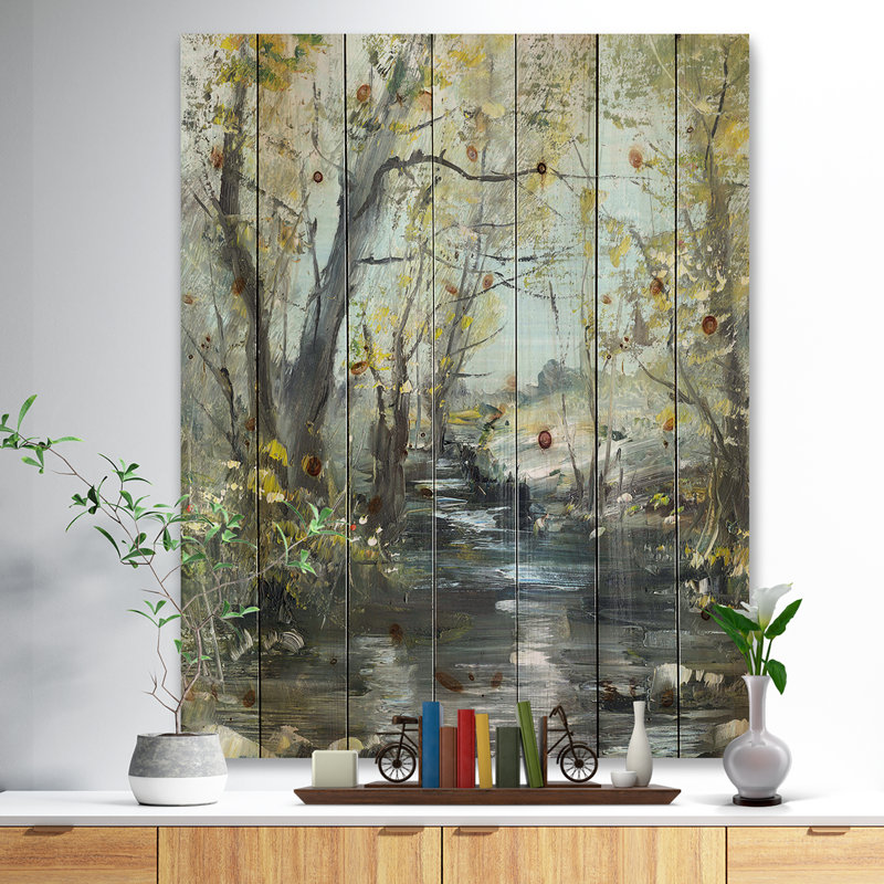 Ruisseau - Peinture sur bois sans cadre, H 40 po x l 30 po x P 1 po
