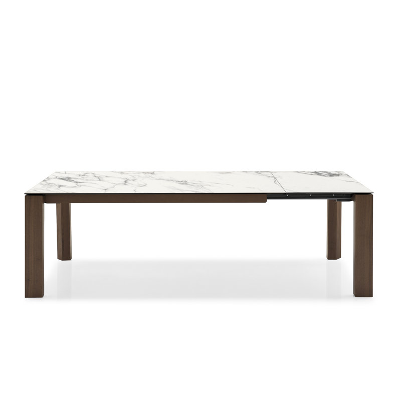 Omnia Extendable Table with Rectangular Top and Wooden Legs, Smoke Veneer, White Marble Ceramic
