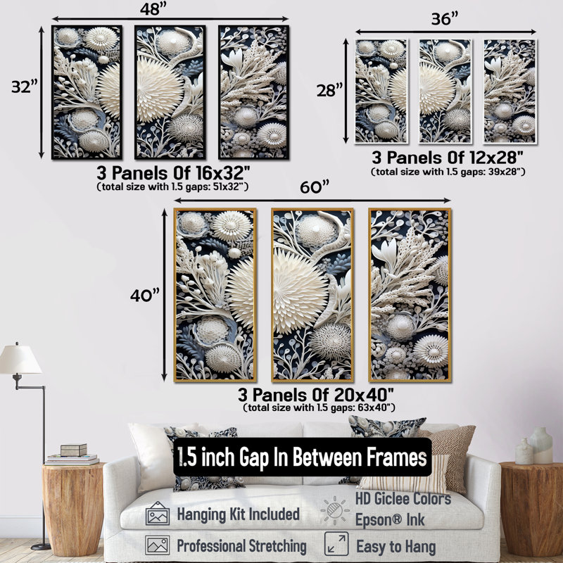 Fleurs de corail gris - Ensemble d'art mural corail sous l'eau, H 40 po x l 60 po x P 1 po, Cadre naturel flottant