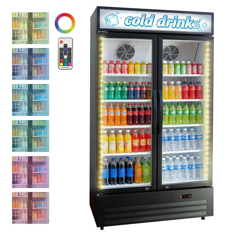 40-Inch Double Glass Door Commercial Beverage Refrigerator, 36 Cu.ft Capacity with Fan Cooling and Auto Defrost for Bars