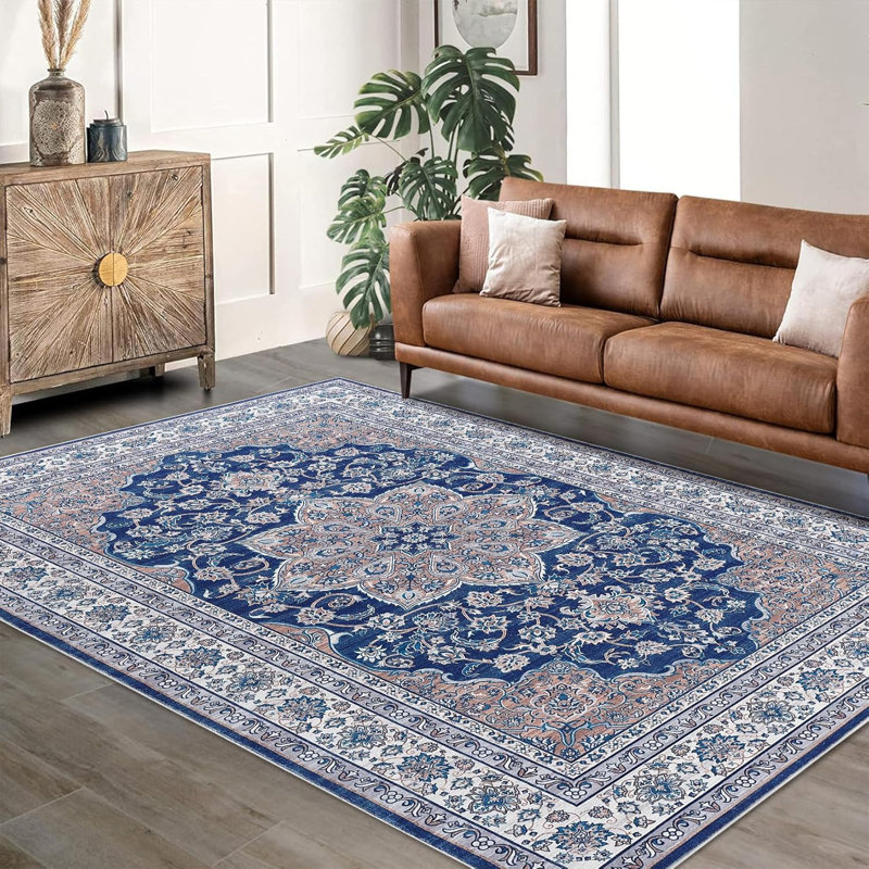 Vintage Washable Area Rug, Floral Medallion, Soft Accent Carpet for Living Room, Bedroom, Entryway, Non-Slip, Low-Pile
