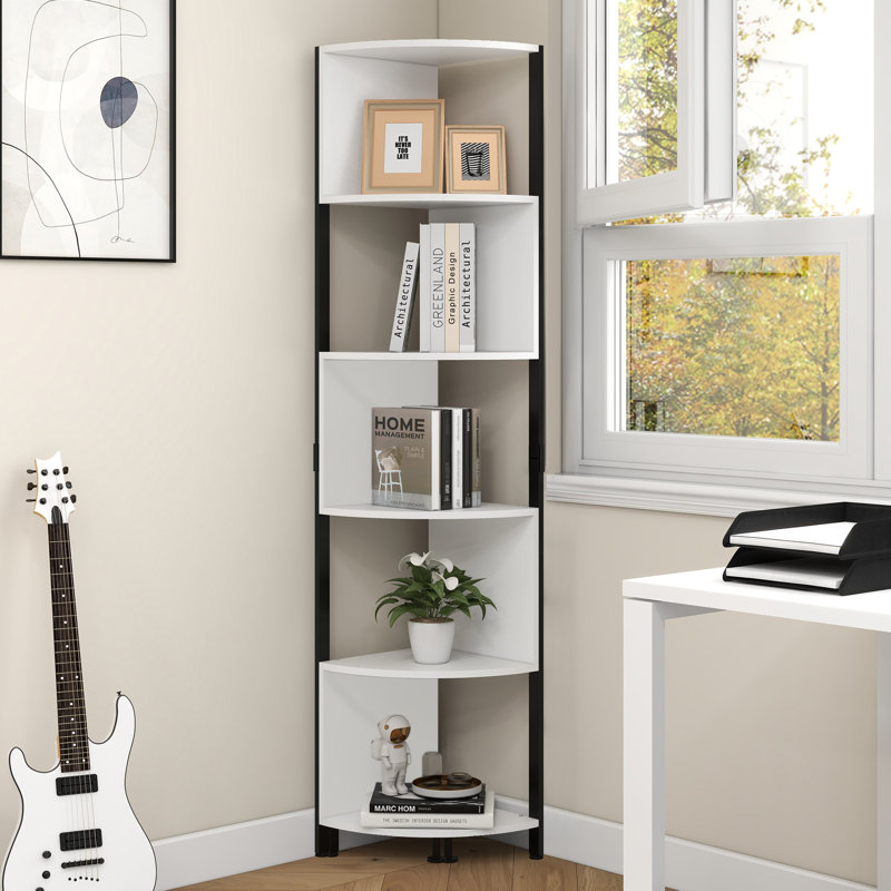 Besnike 175.3cm H x 34.5cm W Corner Shelf Unit, Minimalist Bookshelf Small Bookcase, Black/White