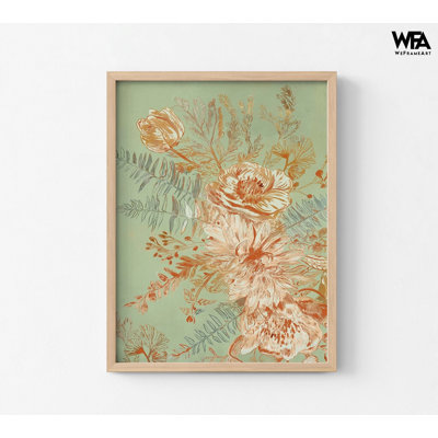 «Garden Senses III» par Maya Woods, œuvre d'art à motif floral saumon, affiche de fleur rose saumon doux, imprimé floral délicat sauvage