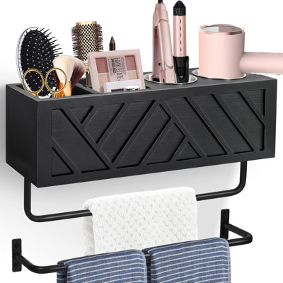 Hair Tool Organizer Wall Mount, Hair Dryer Holder With 2 Towel Bars, Wood Hot Tools Organizer, Rustic Bathroom Organizer Blow Dryer Holder(Black)