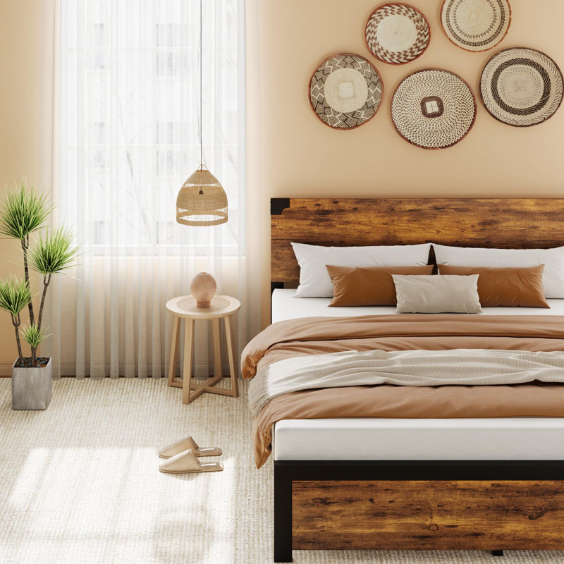 Bed Frame With Wood Headboard, Platform Bed Frame With Under Bed Storage, Full