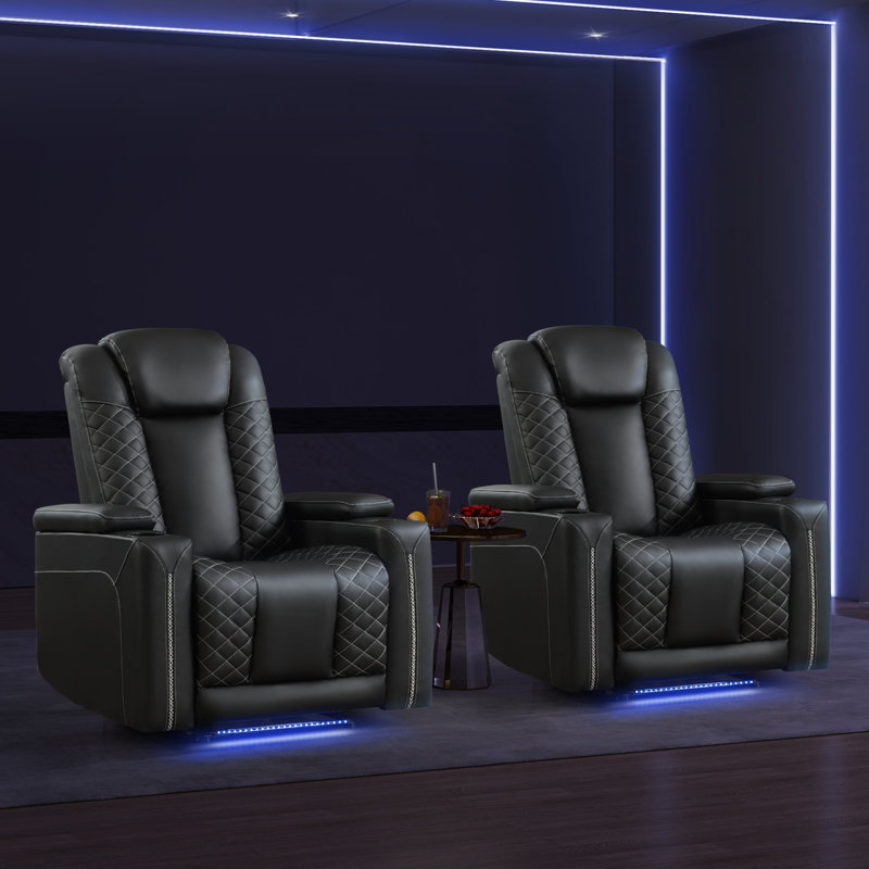 35.4'' Wide Luxury Modern Vegan Leather Power Recliner with USB Port and Ambient Lighting, Black