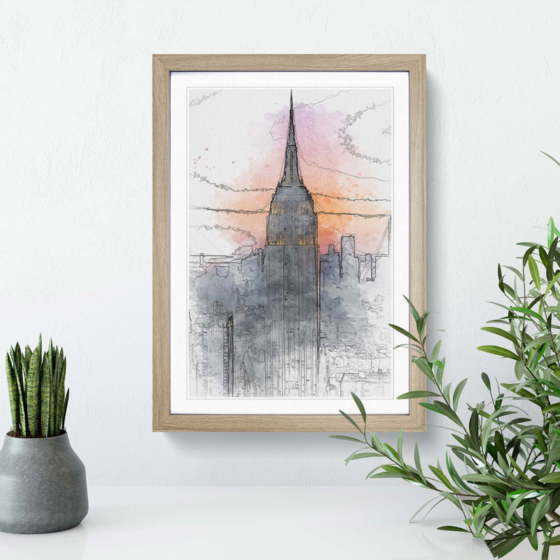 Empire State Building Sunset in Abstract - Picture Frame Graphic Art Print, 65cm H x 48cm W x 2cm D, Oak Framed