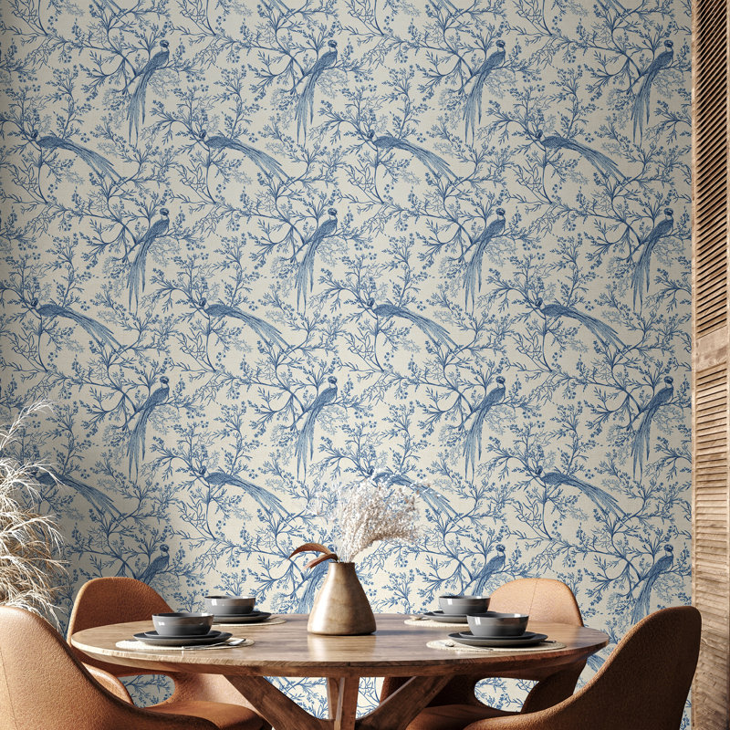 Bird Toile - Dark Denim 10m Wallpaper, Blue Floral