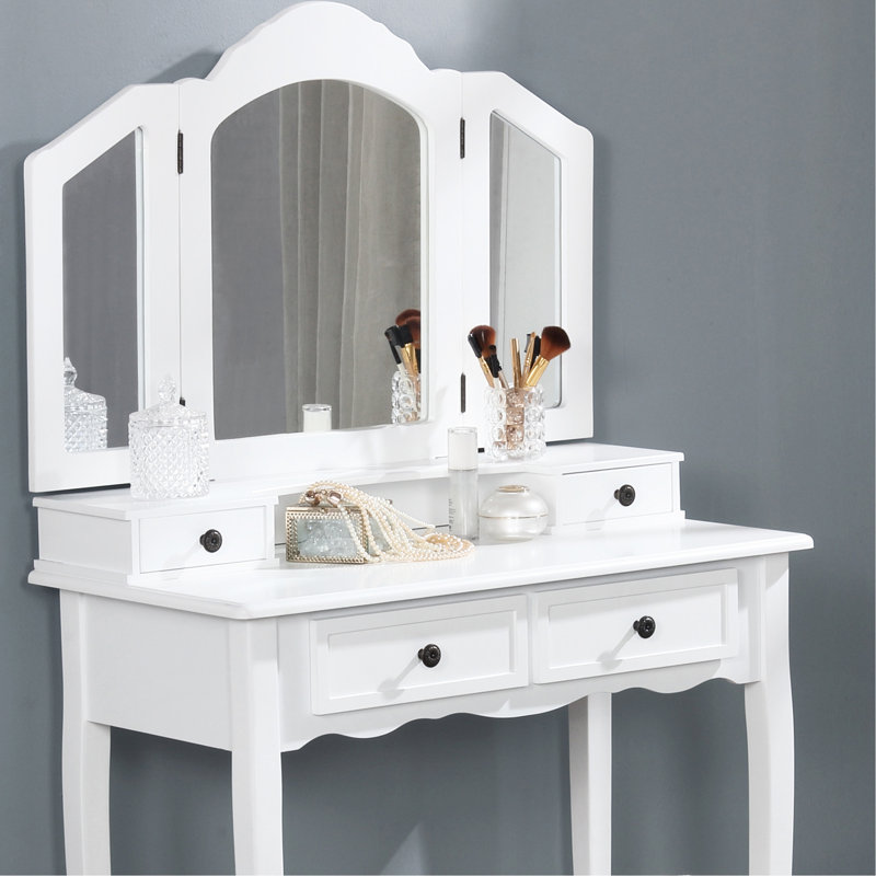 Coiffeuse en bois blanc, finition antique, banquette rectangulaire, tiroirs spacieux et confortables