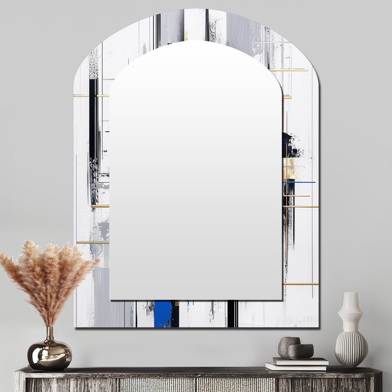 Blue Gold Bold Stripes II - Cubism Arch Mirror, Blue Asymmetrical Unique Wall Mirror, Printed Metal Art, 43" x 33"