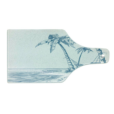 Ambesonne Tropical Tempered Glass Cutting Board Palm Trees at Beach Blue White