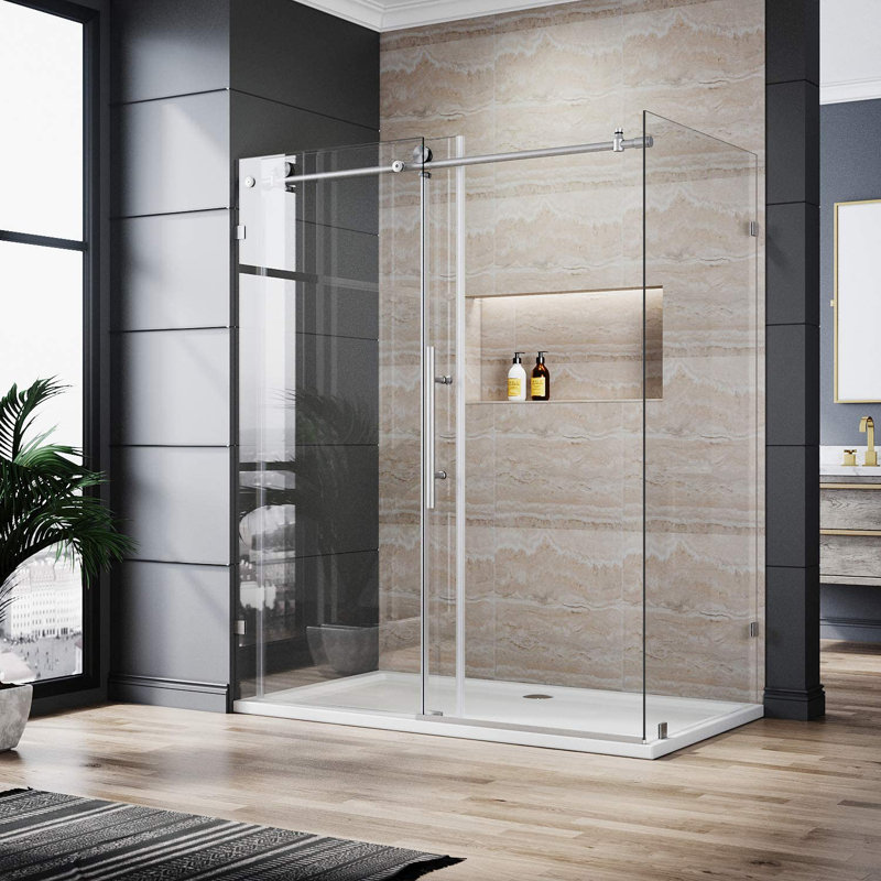 Cabine de douche coulissante sans cadre l 60 po x P 36 po x H 72 po avec verre trempé transparent de 3/8 po, nickel brossé