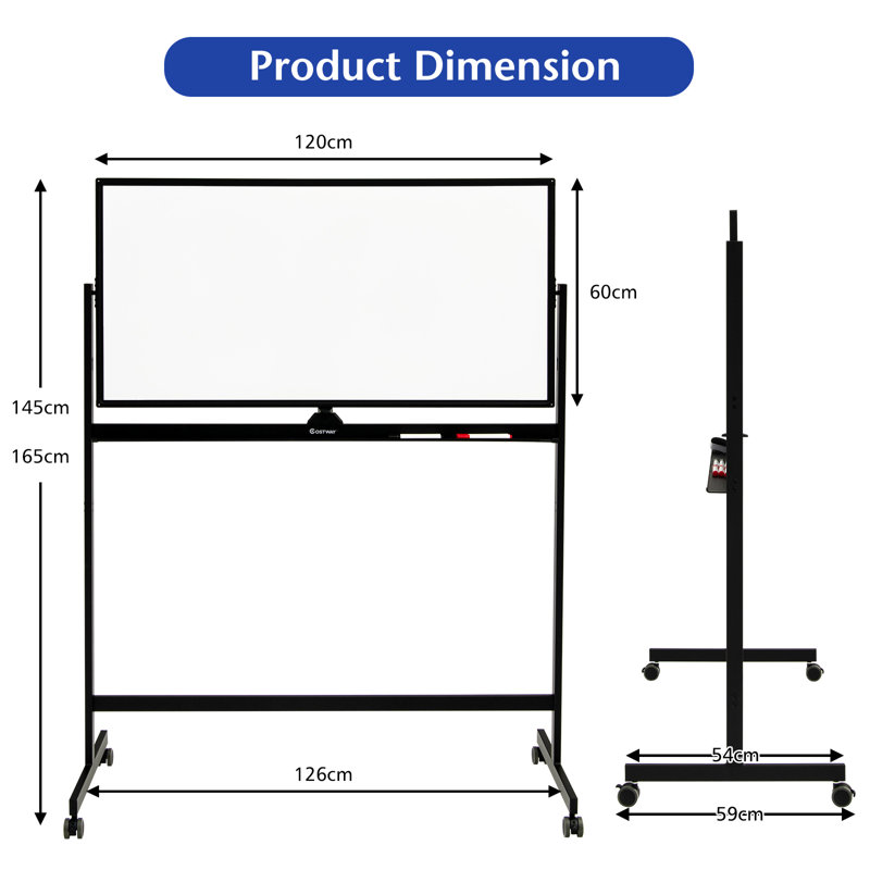 Double-Sided Magnetic Mobile Whiteboard 165cm H x 126cm L, Black