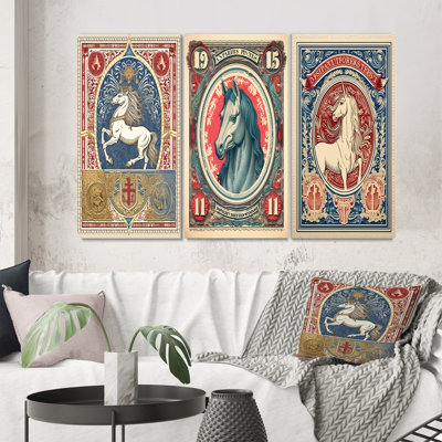 " Vintage Stamp Portrait Of Horse I " 3 - Pieces