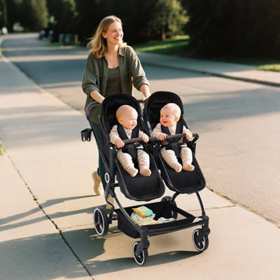 Double Stroller for Newborn and Toddler - Tandem Twin Stroller with Lightweight Compact Fold, Adjustable Recline & Canopy, Parent Cup Holders
