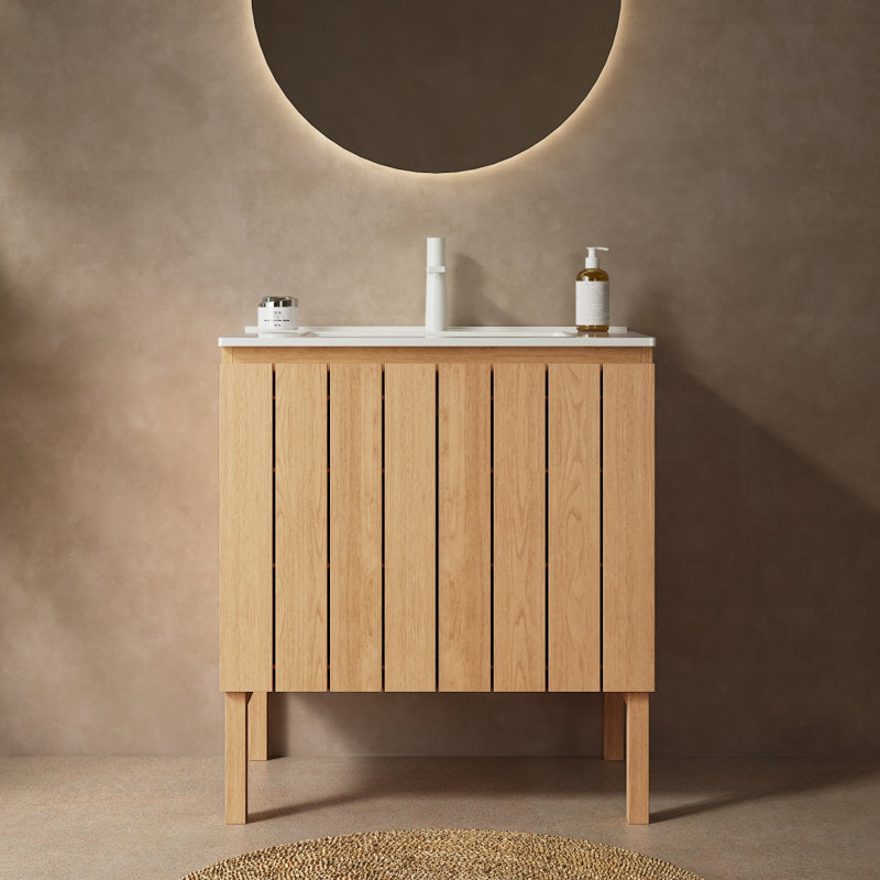 Meuble-lavabo autoportant moderne avec portes doubles Niko 30 po avec lavabo Niko, lavabo en céramique blanc sans robinet, couleur bois naturel