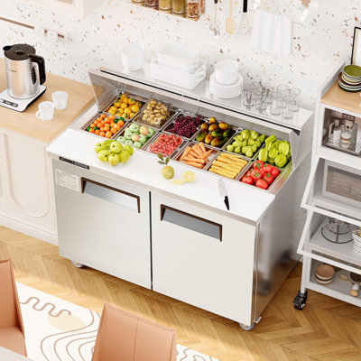 48" Sandwich Prep Table Refrigerator, Stainless Steel Dual Door with 12 Food Pans, Commercial Refrigerator for Restaurant and Catering