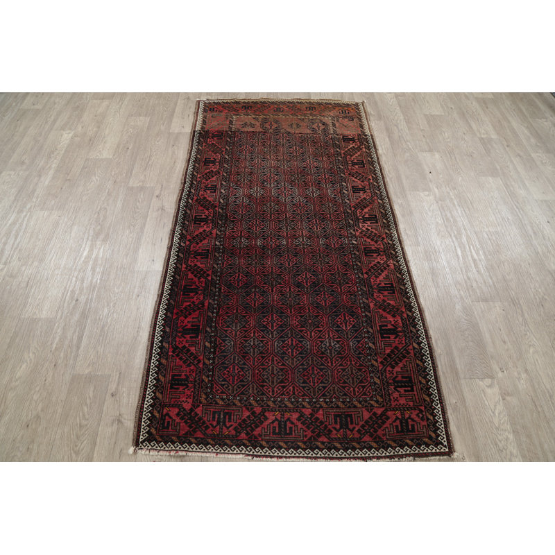 Tapis rouge / brun en laine noué à la main de conception unique 3 pi 6 po x 6 pi Sherer Balouch