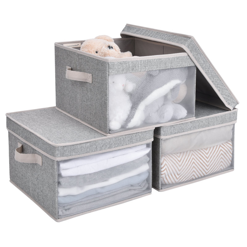 3 Pack Foldable Fabric Bin Set with Lid and Handle, Gray