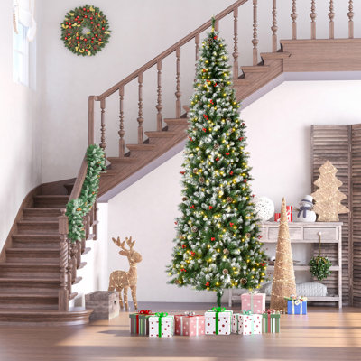 HOMCOM 9Ft Pre-Lit Snow-Dipped Artificial Christmas Tree With Realistic Branches, 460 LED Lights, Pine Cones, Red Berries And 1298 Tips