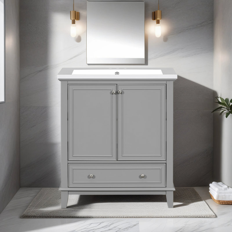 Meuble-lavabo simple 30,04 po avec comptoir en céramique Nicklous, Gris