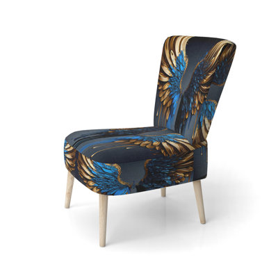 Blue And Gold Angel Wings III - Upholstered Boho Side Chair, Blue Accent Chair