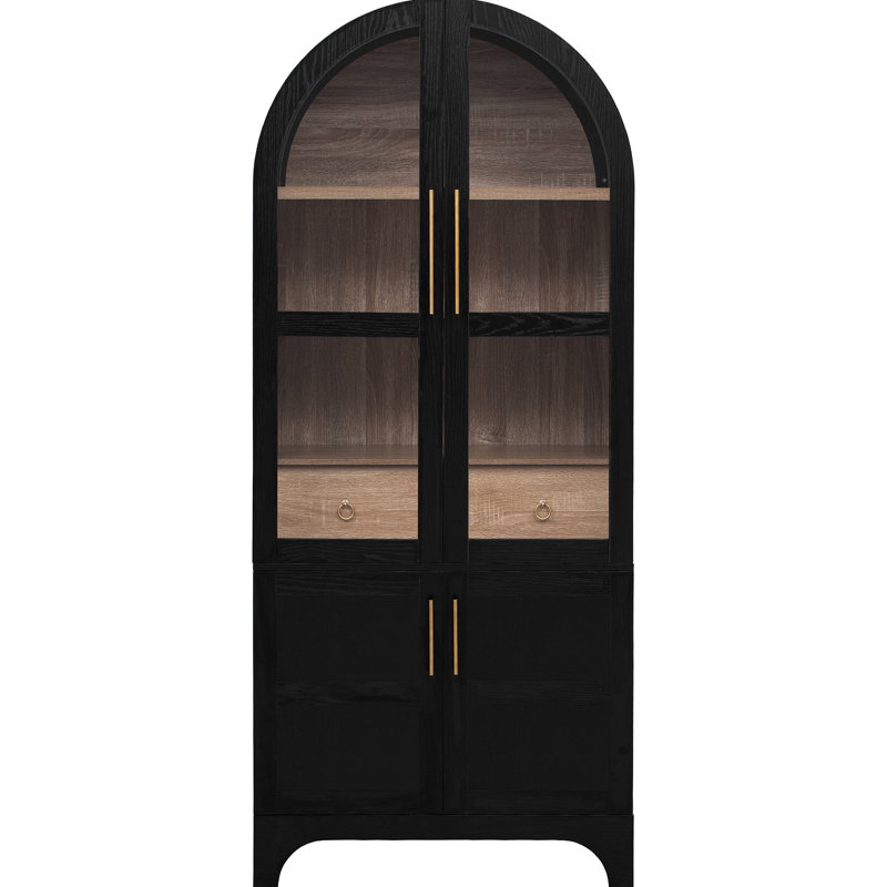 Grand garde-manger arqué avec tablettes de porte, armoire de rangement de cuisine de ferme avec tablettes ouvertes et réglables, tiroir caché et porte en verre, armoire