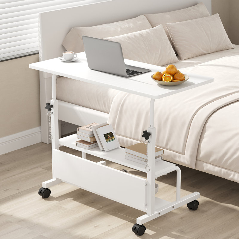 Manual Height Adjustable Standing Desk with Storage Shelf, Portable Mobile Computer Desk, White