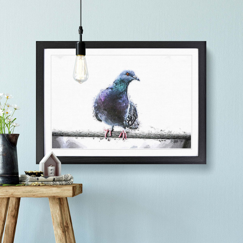 Pigeon Bird on a Wire - Picture Frame Painting Print, 27cm H x 36cm W x 2cm D, Black Framed