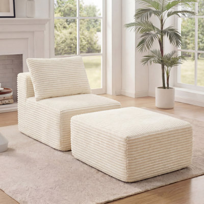 Ensemble de fauteuil modulaire en flanelle avec repose-pieds Kapellen, ensemble de 2 pantoufles et repose-pieds avec coussin, canapé sans accoudoirs «Boneless» pour chambre à coucher