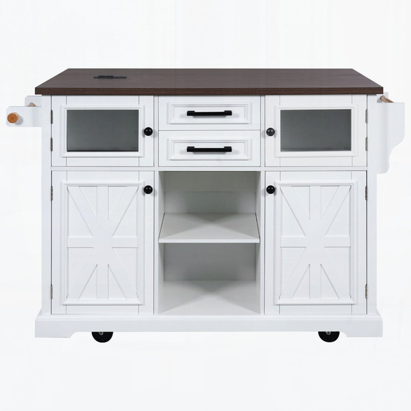 54.9" Kitchen Island With Drop Leaf, Power Outlet, Kitchen Storage Cart With 4 Door Shelves, White