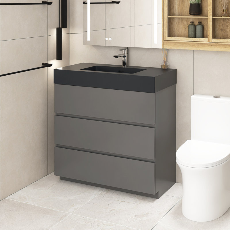Rahoul 35.8'' Single Bathroom Vanity with Solid Surface Top, Gray, Matte Black