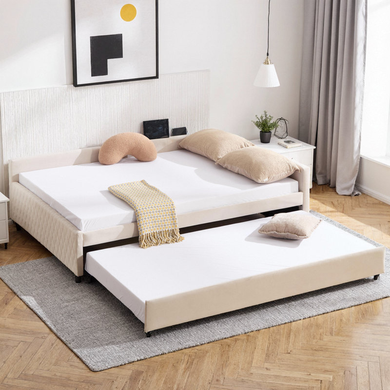 Beige Velvet Upholstered Daybed with Trundle - Modern Diamond Grid Design, Space-Saving Corner Sofa Bed for Bedroom or Guest Room