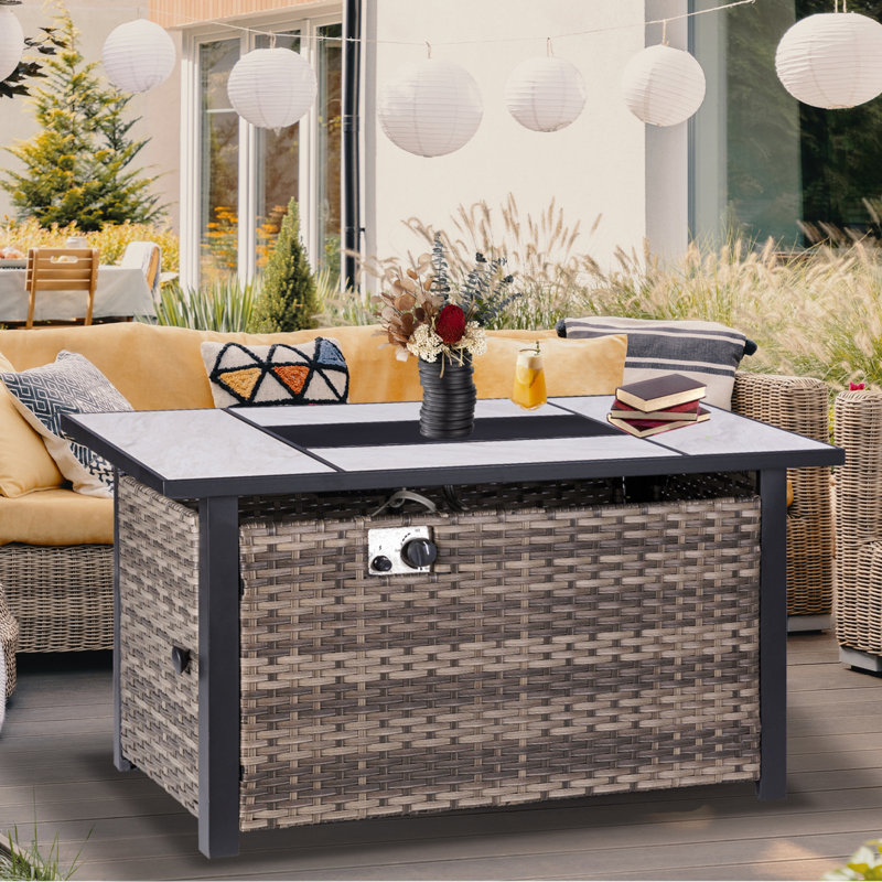 Mehalek 25" H X 47" W Propane Fire Pit Table With Rattan Side Panel, Outdoor Ceramic Tabletop Fire Pit