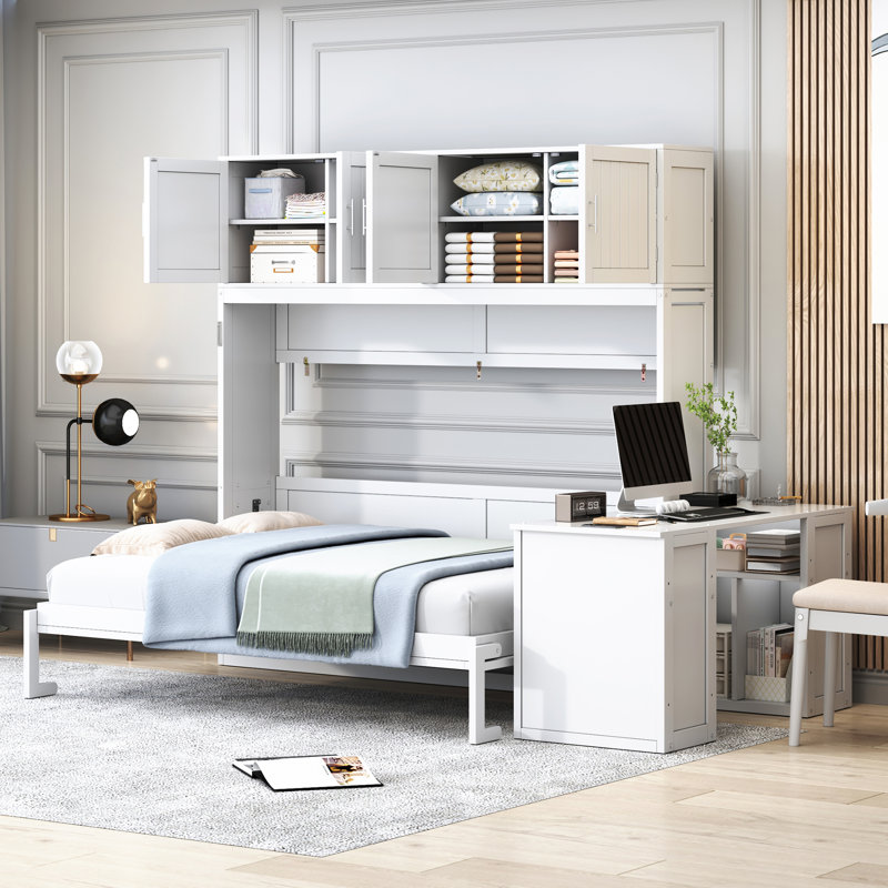  Queen Murphy Bed with Adjustable Desk and Two Large Storage Cabinets, Wall Mounted Space Saving Sleeper, White, White