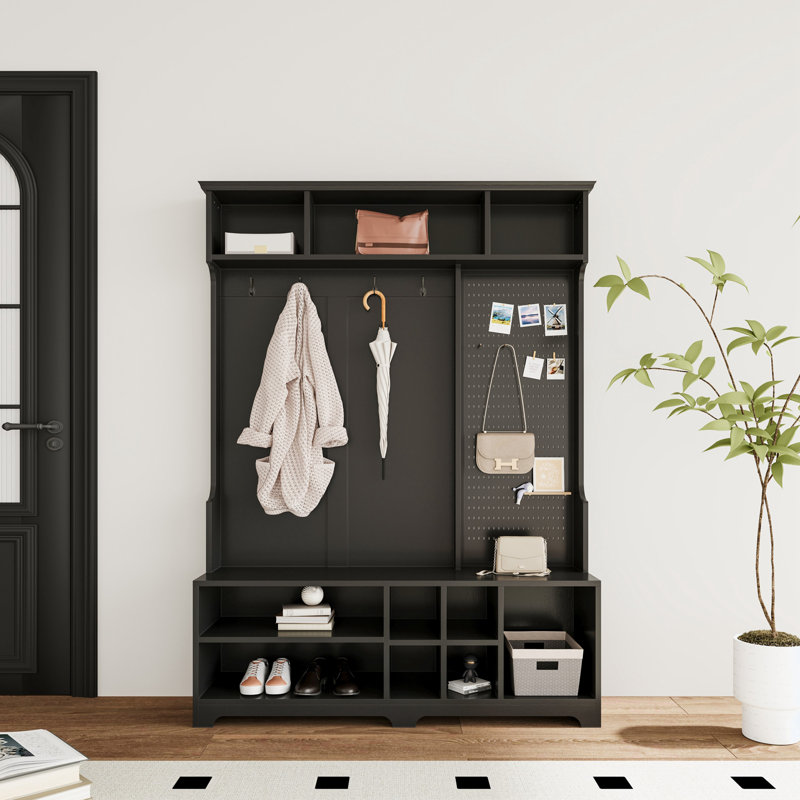 Hall Tree with Shoe Bench and Pegboard, Black