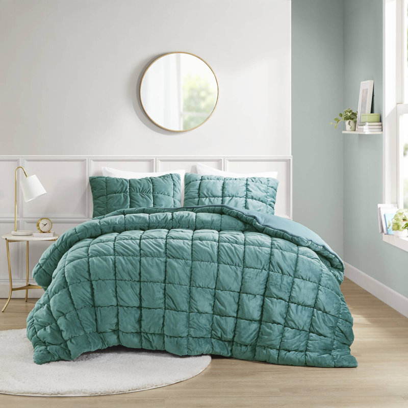 Ensemble d'édredon en velours Velvet Dream Puff, Édredon double / grand + 2 taies décoratives sta, Bleu sarcelle
