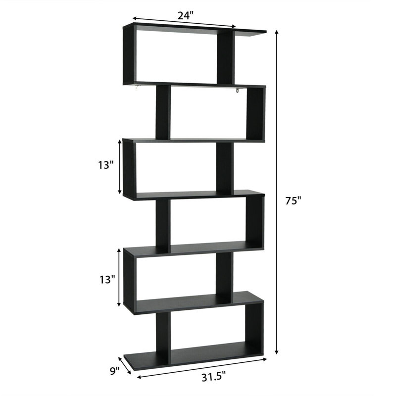  2 PCS 75” H x 31.5” H 6-Tier S-Shaped Geometric Bookcase, Black