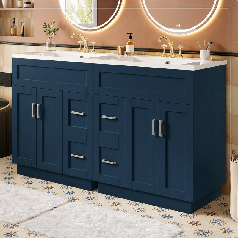 Meuble-lavabo avec 4 portes d'armoire, 4 tiroirs et 2 tablettes réglables, Blue