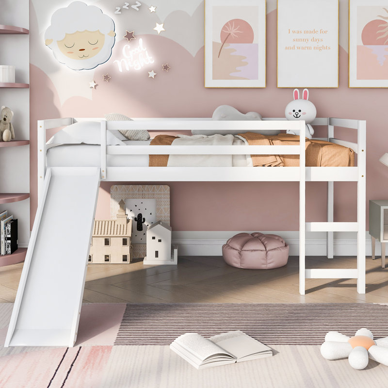 Lit mezzanine avec glissade, conception multifonctionnelle, lit simple, Blanc