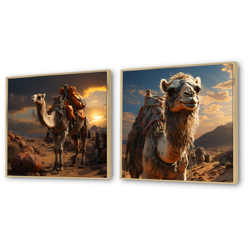 Majestic Camel Desert Wanderer I - ensemble de 2 impressions sur toile chameau, Cadre flottant brun