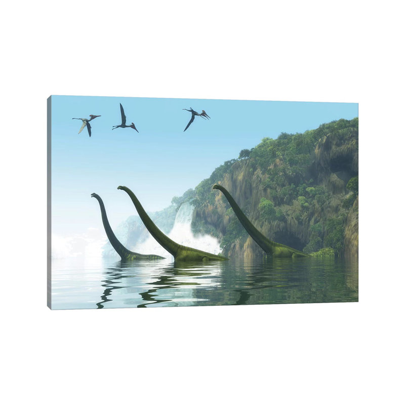 Two Adult Mamenchisaurus Dinosaurs Escort A Youngster Across A River by Corey Ford - Wrapped Canvas Gallery-Wrapped Canvas Giclée
