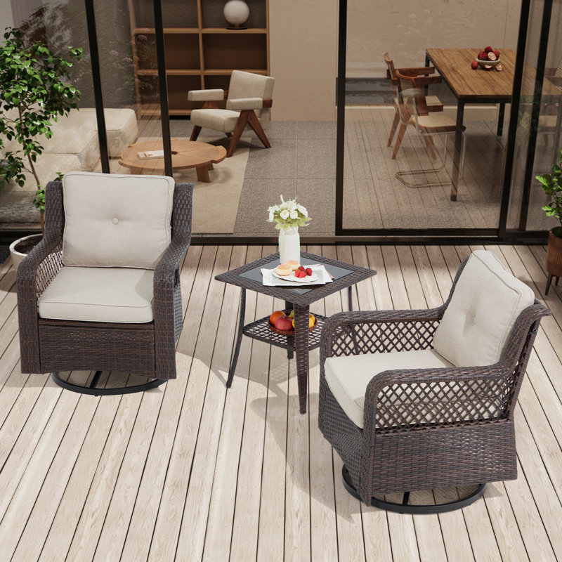 Wicker Rattan Swivel And Gliding Patio Wicker Chairs With Table (3Pcs), Brown, Beige