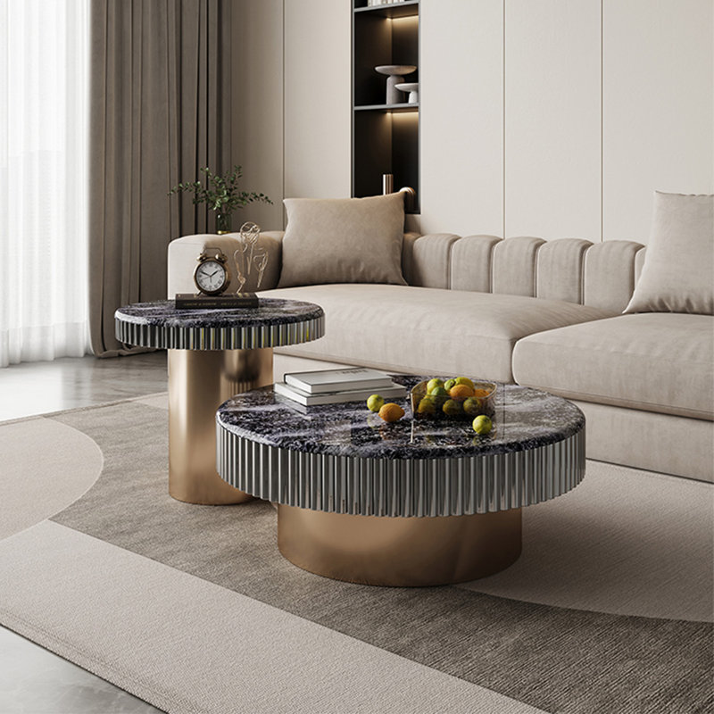 Table basse ronde en pierre micro-cristalline, H 13,8 po x L 35,4 po x l 35,4 po