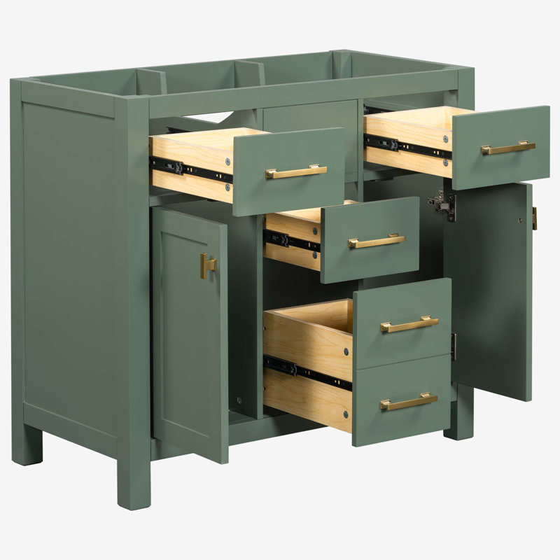 36" Green Solid Wood Bathroom Vanity Cabinet with Gold Hardware